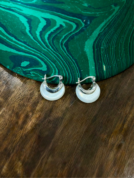 Silver hoop earrings with white pearls on a green marbled surface, mini pearl whisper hoops, earrings for her,