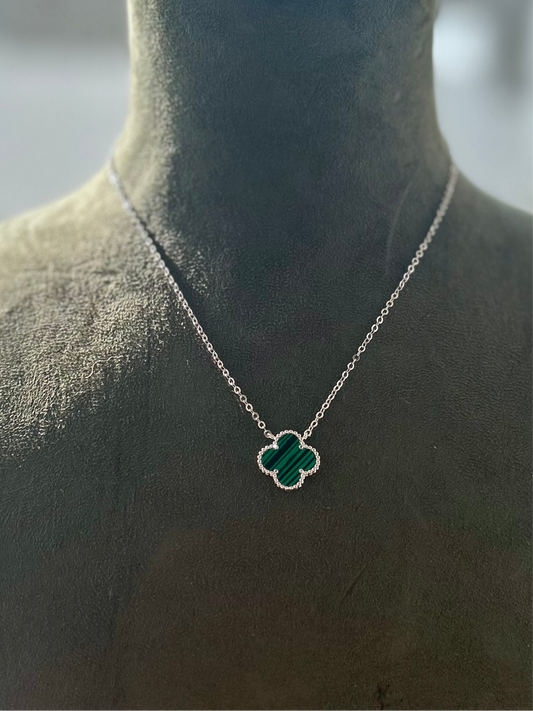 Silver Necklace with a green pendant, florin necklace, green clover pendant,